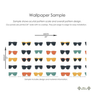 Pop art sunglass wallpaper sample showcasing retro, colorful sunglasses in rows. Perfect for coastal, mid-century modern design.