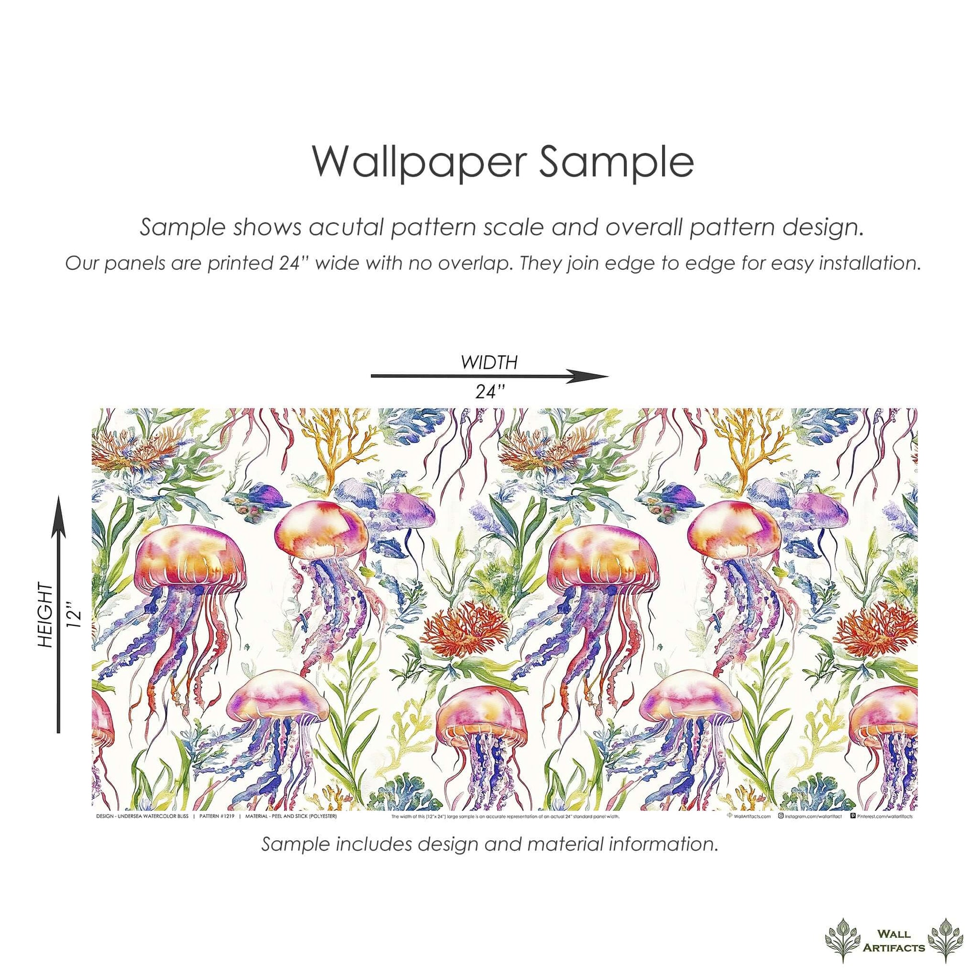 Undersea Watercolor Bliss wallpaper featuring jellyfish and seaweed in vibrant ocean colors for a marine coastal ambiance.