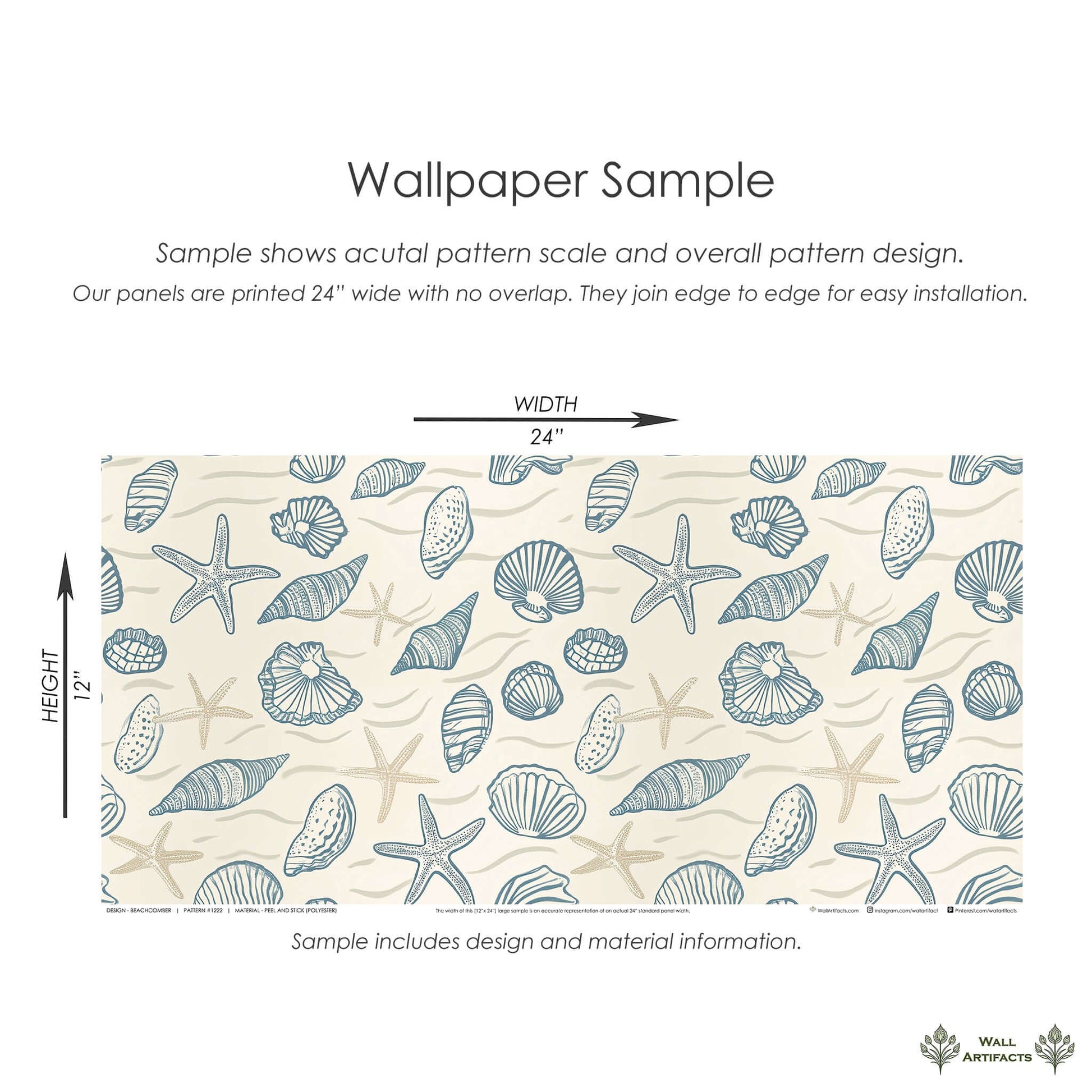 Beachcomber wallpaper sample featuring seashells, starfish, and sea grass with ocean blues and sandy neutrals for a coastal decor.
