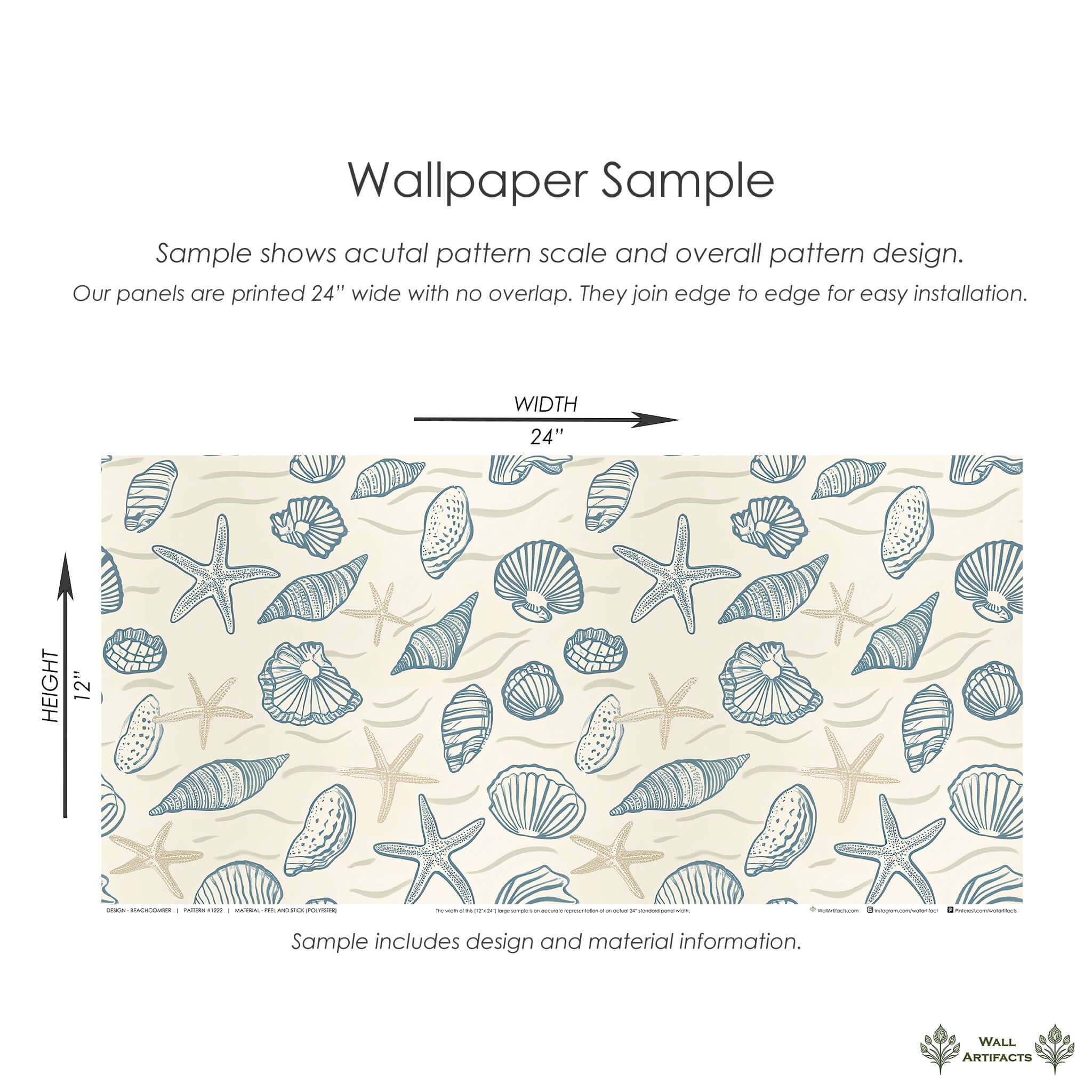 Beachcomber wallpaper sample featuring seashells, starfish, and sea grass with ocean blues and sandy neutrals for a coastal decor.