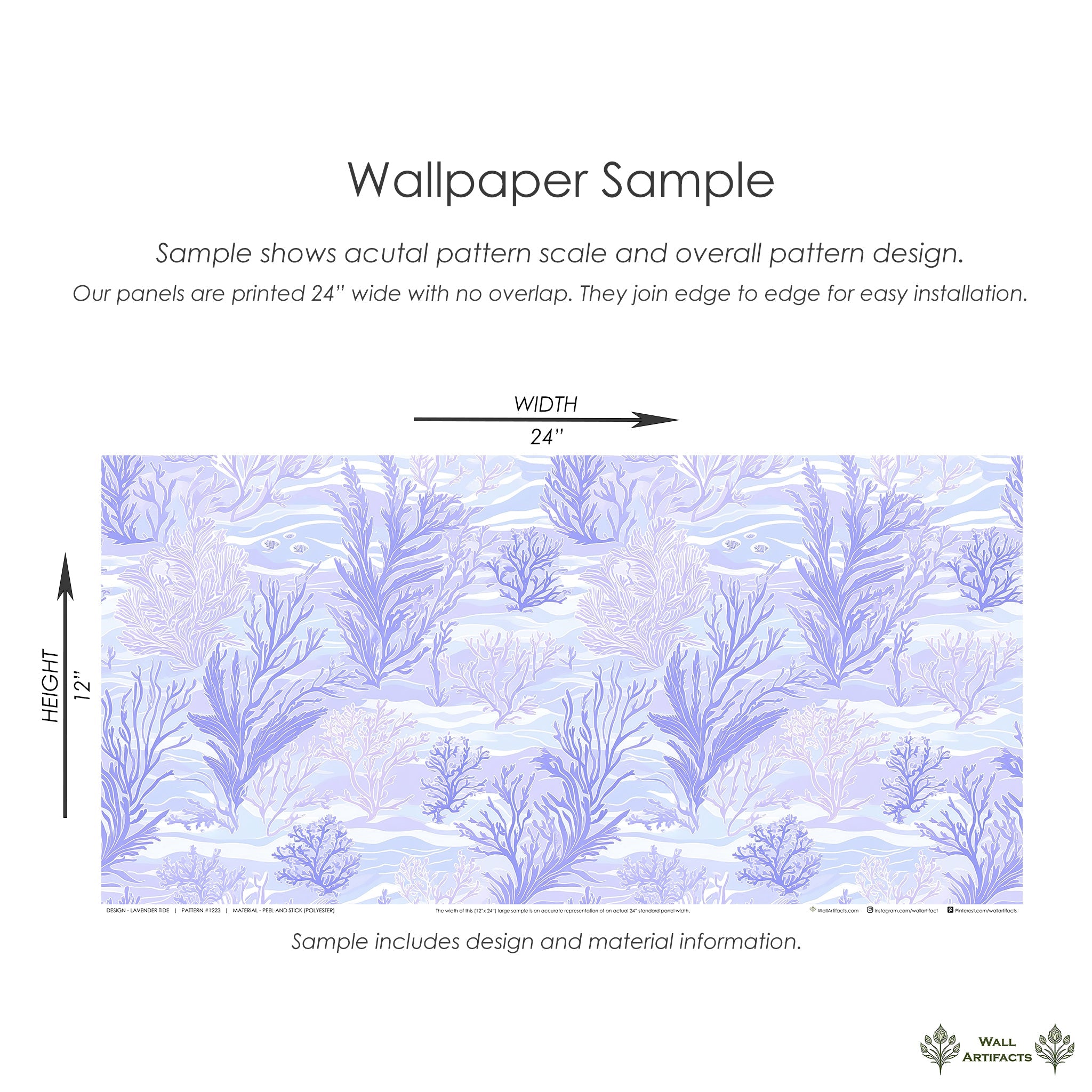 "Lavender Tide" coastal wallpaper sample with hand-drawn seaweed and coral in lavender tones, ideal for marine-inspired decor.