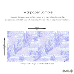"Lavender Tide" coastal wallpaper sample with hand-drawn seaweed and coral in lavender tones, ideal for marine-inspired decor.