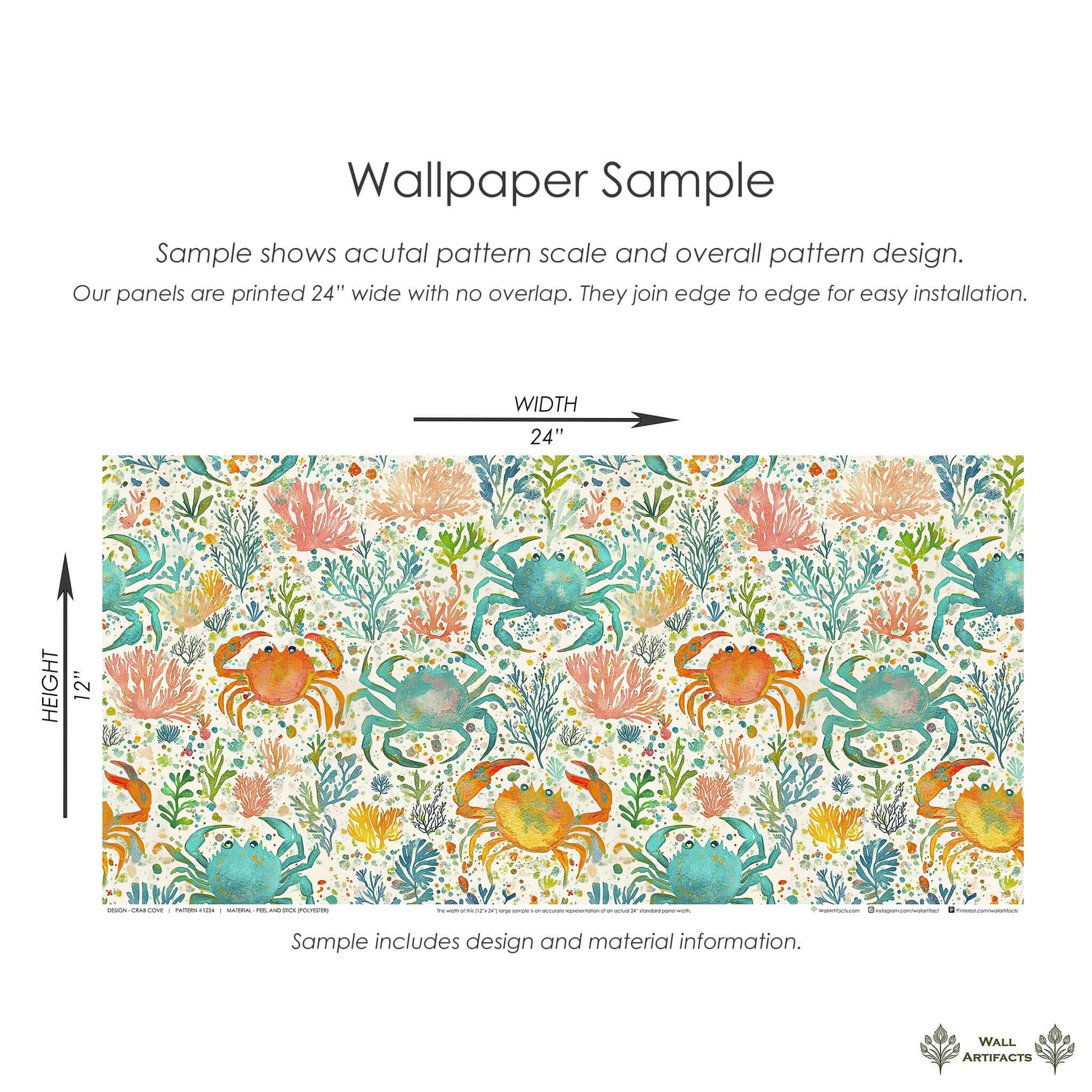 Energetic coastal wallpaper featuring watercolor crabs, coral, and ocean plants in vibrant blues, corals, and citrus hues.