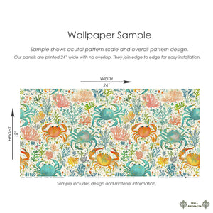 Energetic coastal wallpaper featuring watercolor crabs, coral, and ocean plants in vibrant blues, corals, and citrus hues.