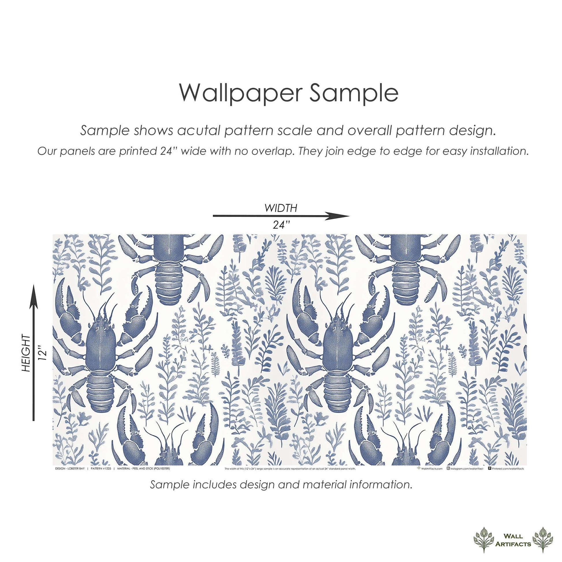 Sample of Lobster Bay wallpaper with navy lobsters and botanical patterns on an ivory background, showcasing coastal and marine themes.