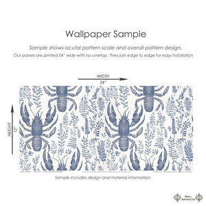 Sample of Lobster Bay wallpaper with navy lobsters and botanical patterns on an ivory background, showcasing coastal and marine themes.