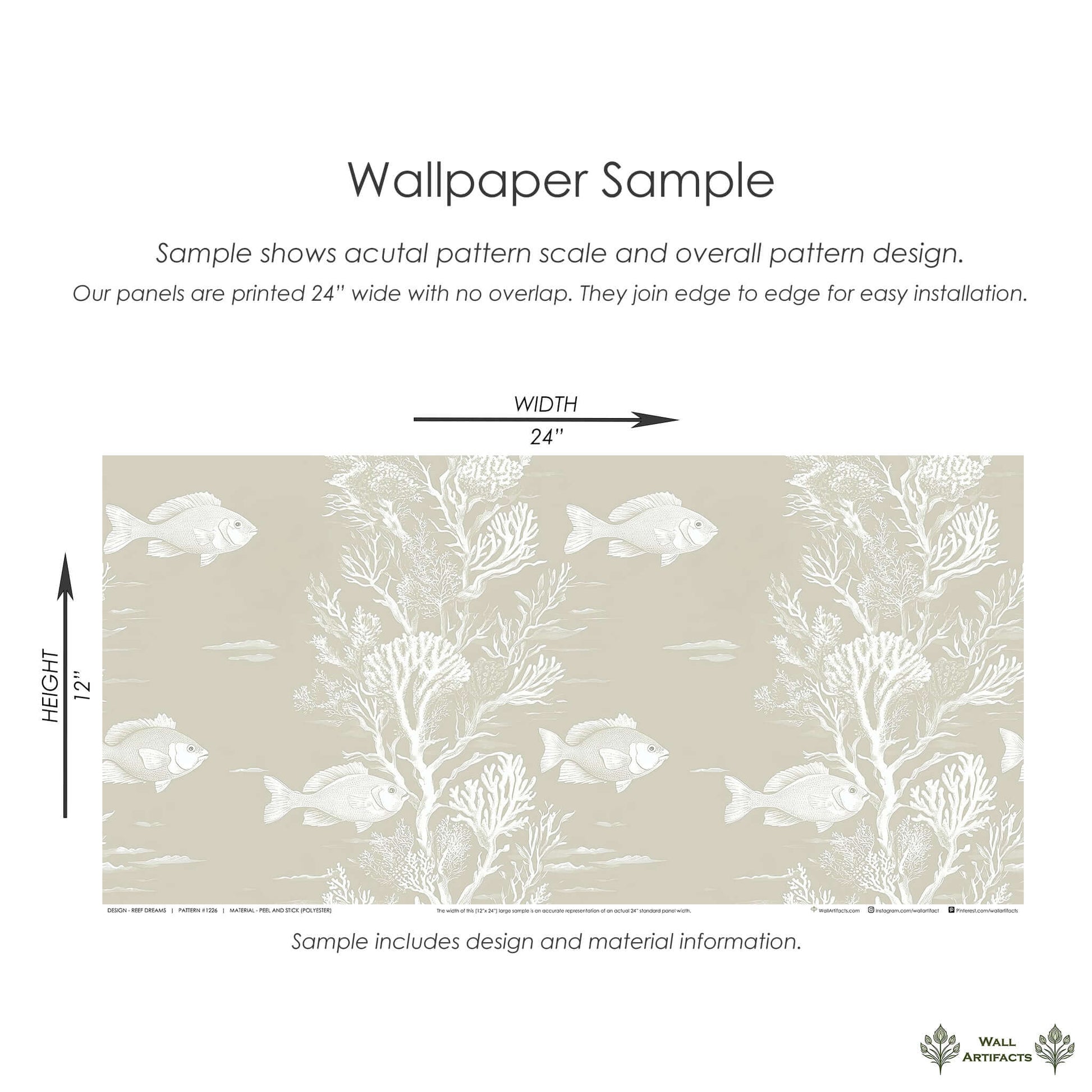 Coastal "Reef Dreams" wallpaper sample featuring fish and coral in soft tones, perfect for ocean-themed rooms or marine sanctuaries.