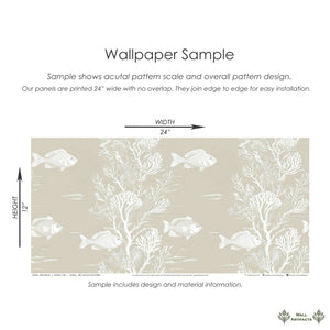 Coastal "Reef Dreams" wallpaper sample featuring fish and coral in soft tones, perfect for ocean-themed rooms or marine sanctuaries.