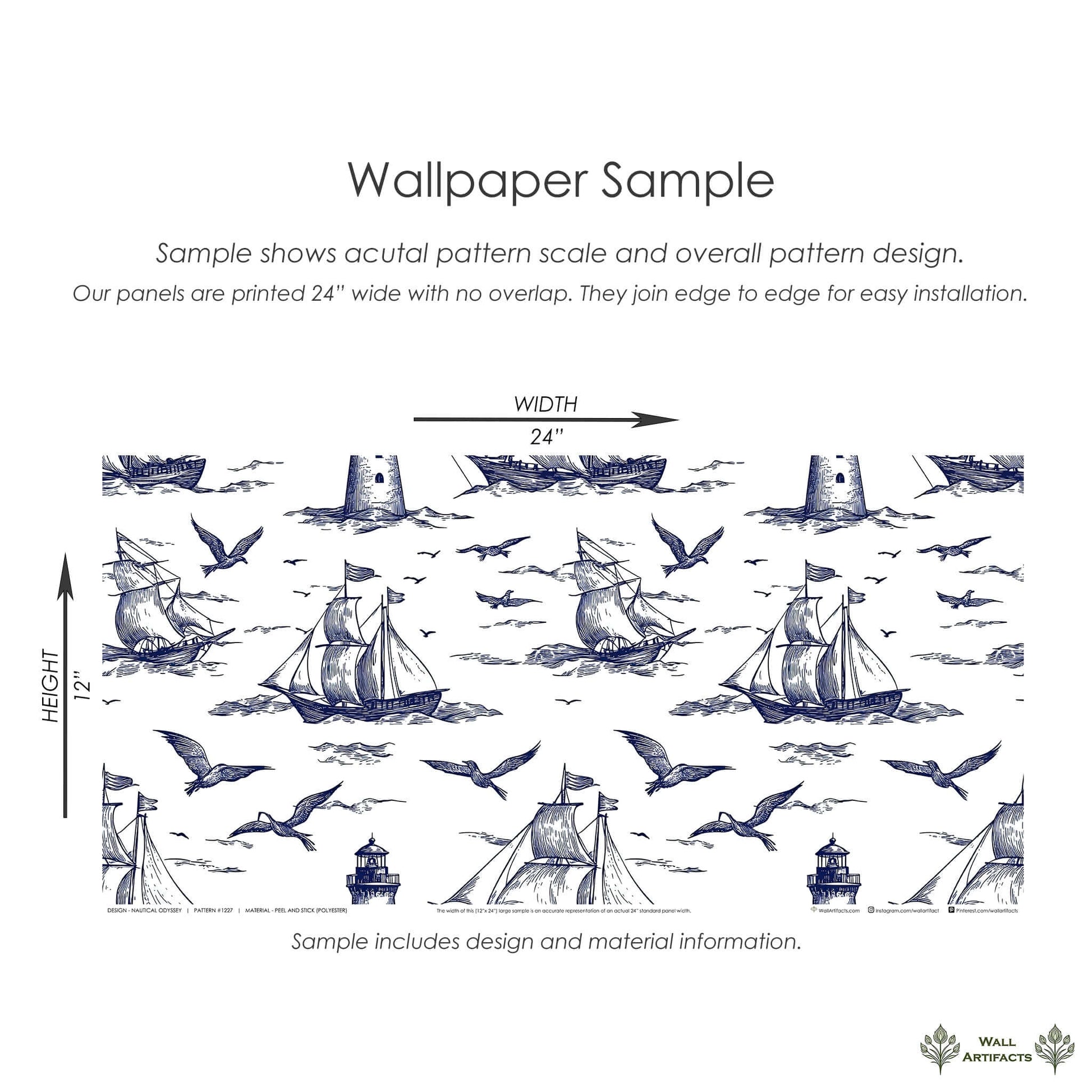 "Nautical Odyssey" wallpaper sample with hand-drawn ships, seagulls, and lighthouses in navy on white, evoking coastal and maritime themes.