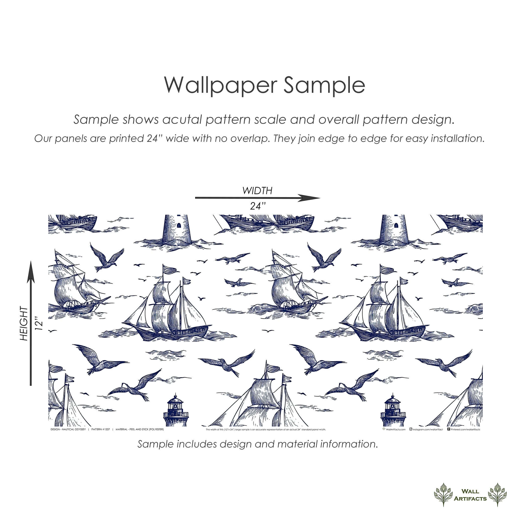 "Nautical Odyssey" wallpaper sample with hand-drawn ships, seagulls, and lighthouses in navy on white, evoking coastal and maritime themes.