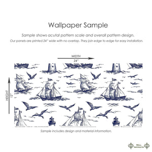 "Nautical Odyssey" wallpaper sample with hand-drawn ships, seagulls, and lighthouses in navy on white, evoking coastal and maritime themes.