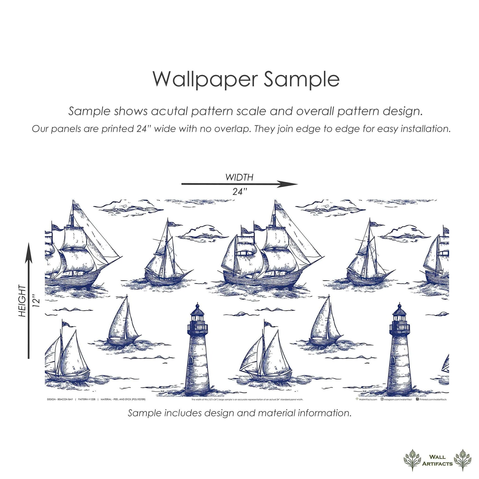 Sample of Beacon Bay coastal wallpaper featuring maritime boats and ocean lighthouses in navy ink, ideal for nautical themed rooms.