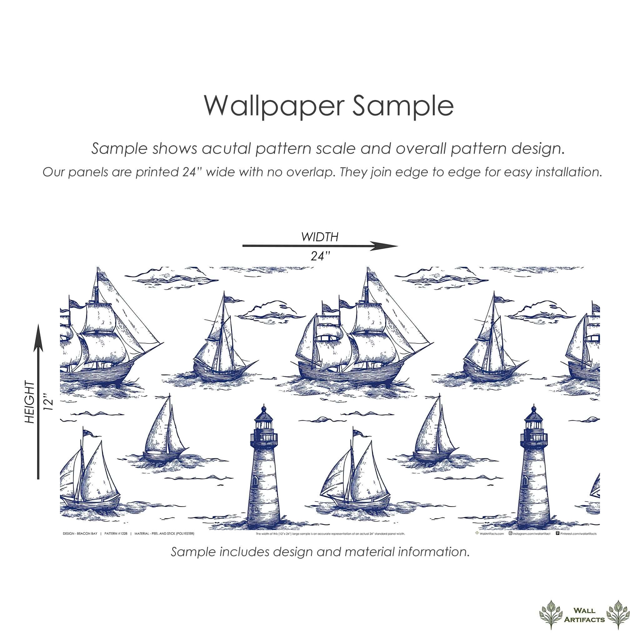 Sample of Beacon Bay coastal wallpaper featuring maritime boats and ocean lighthouses in navy ink, ideal for nautical themed rooms.