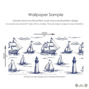 Sample of Beacon Bay coastal wallpaper featuring maritime boats and ocean lighthouses in navy ink, ideal for nautical themed rooms.