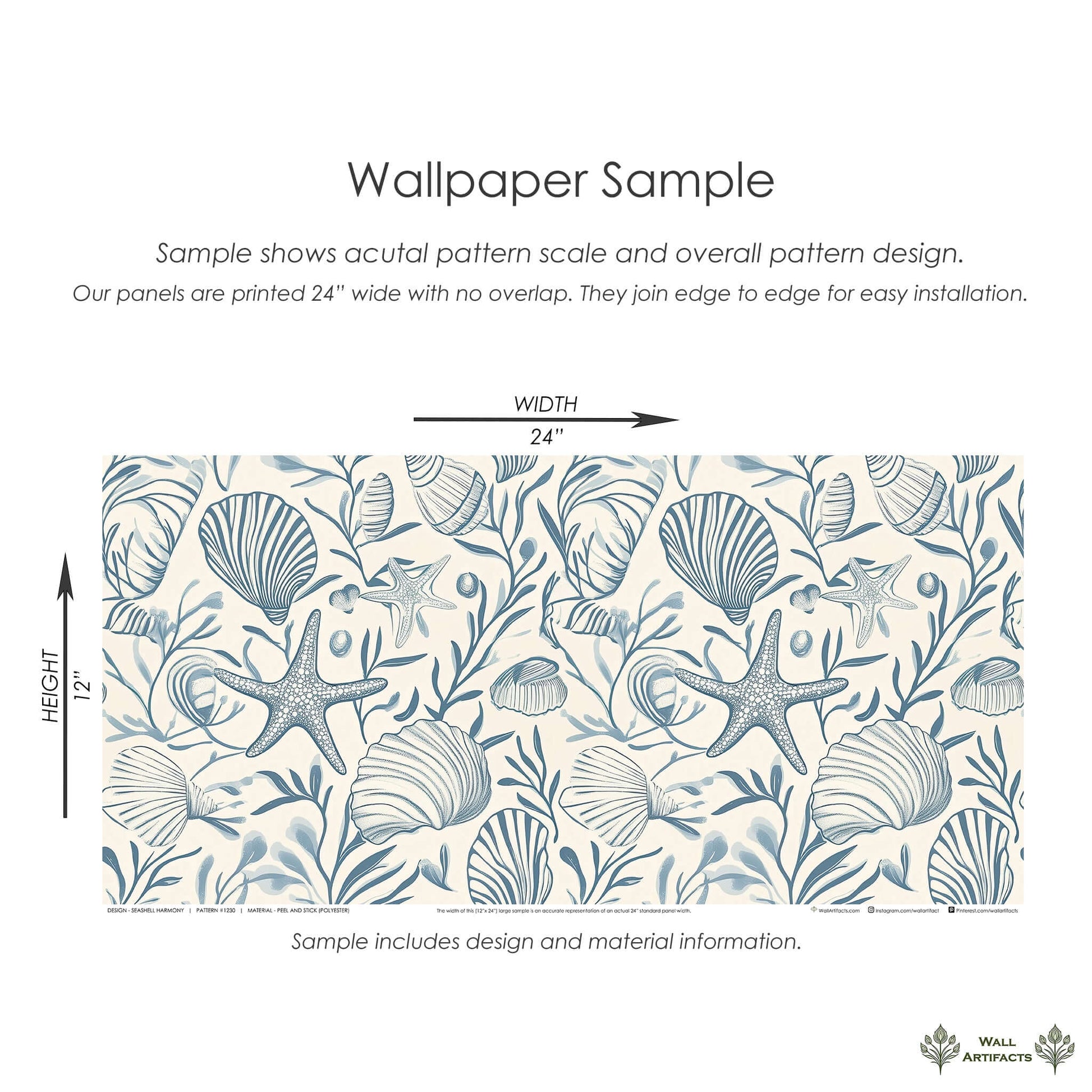 Seashell Harmony coastal wallpaper sample featuring seashells, starfish, and ocean botanicals in soft blues.