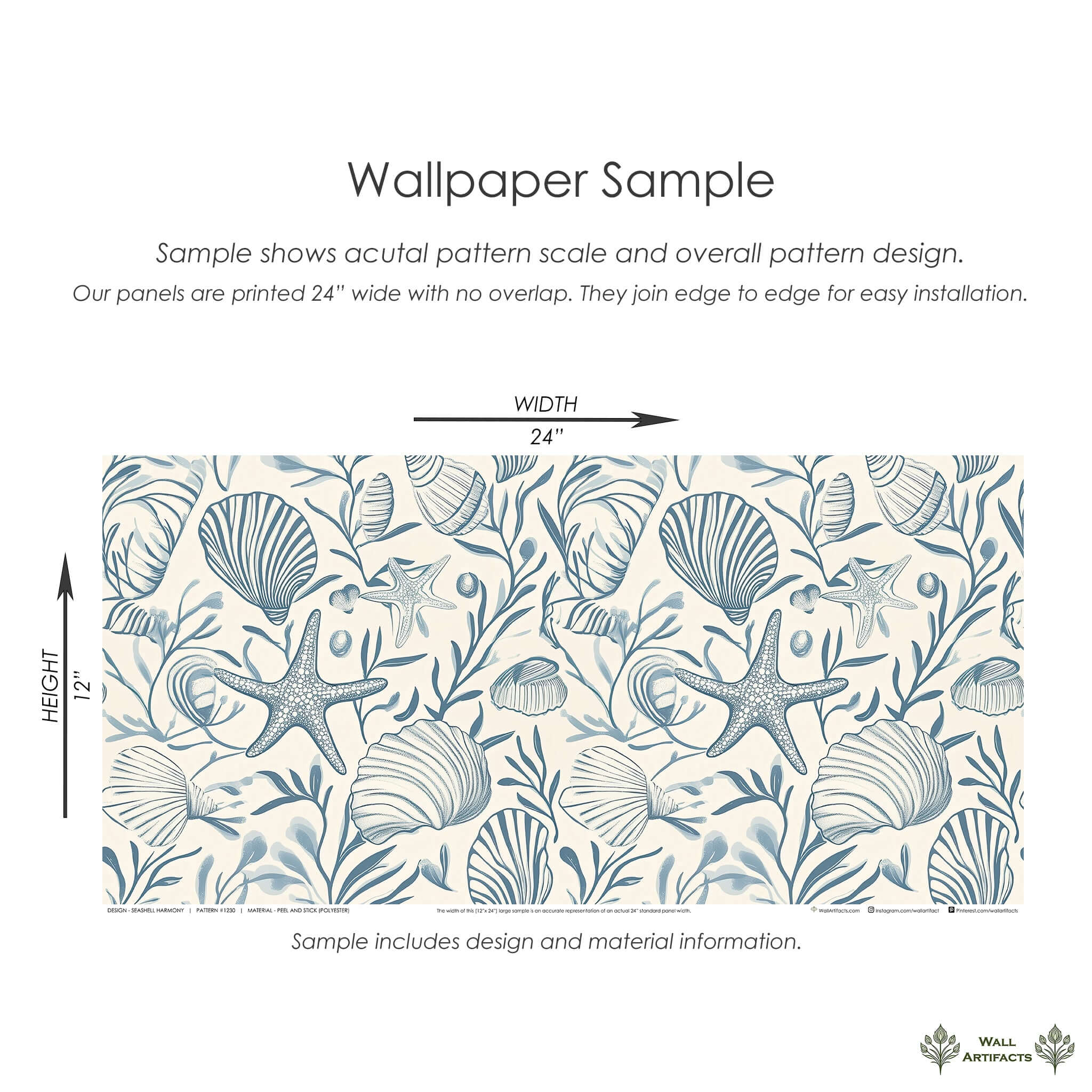 Seashell Harmony coastal wallpaper sample featuring seashells, starfish, and ocean botanicals in soft blues.