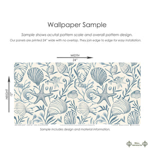 Seashell Harmony coastal wallpaper sample featuring seashells, starfish, and ocean botanicals in soft blues.