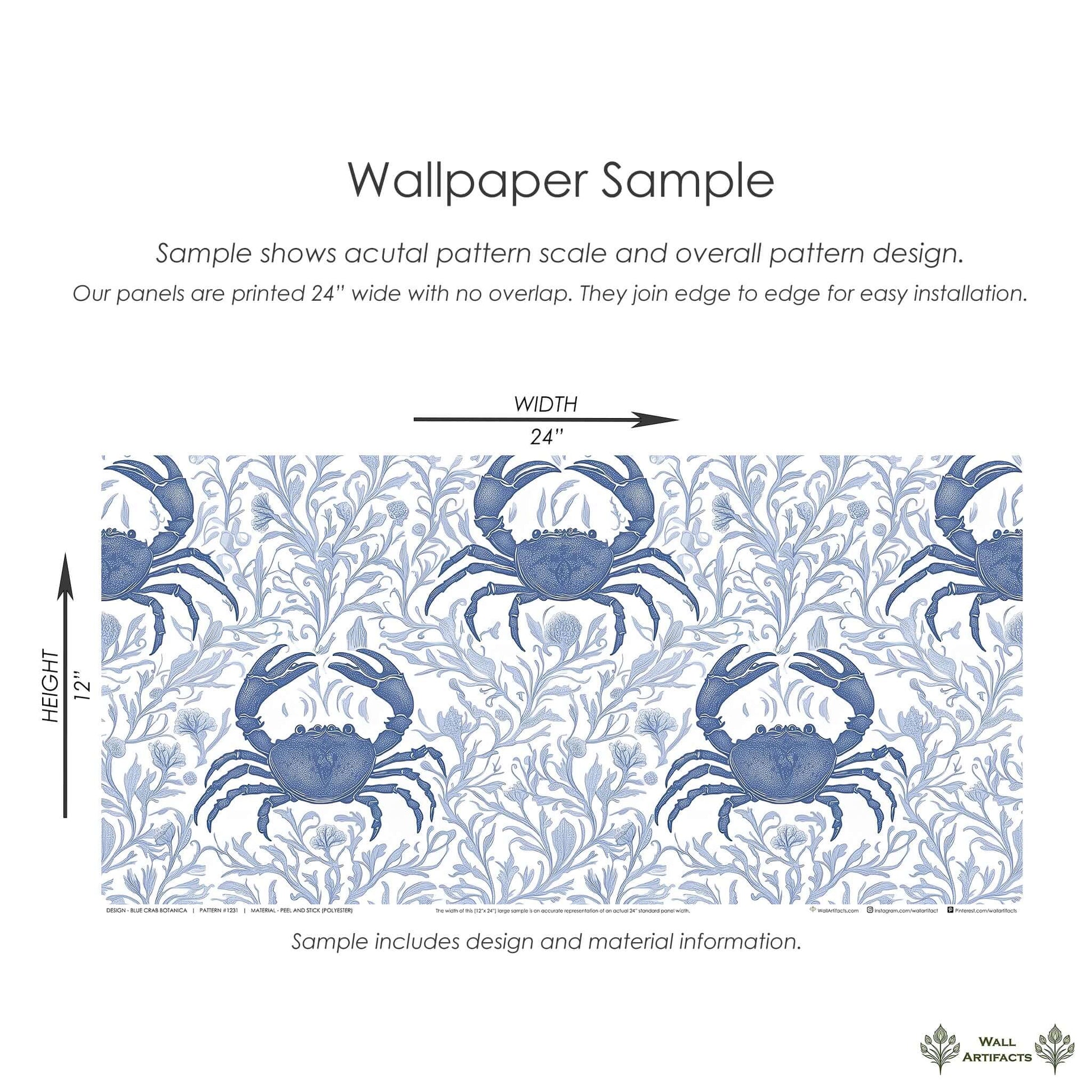 Blue Crab Botanica wallpaper sample showing coastal marine and botanical design with blue crabs and ocean flora.