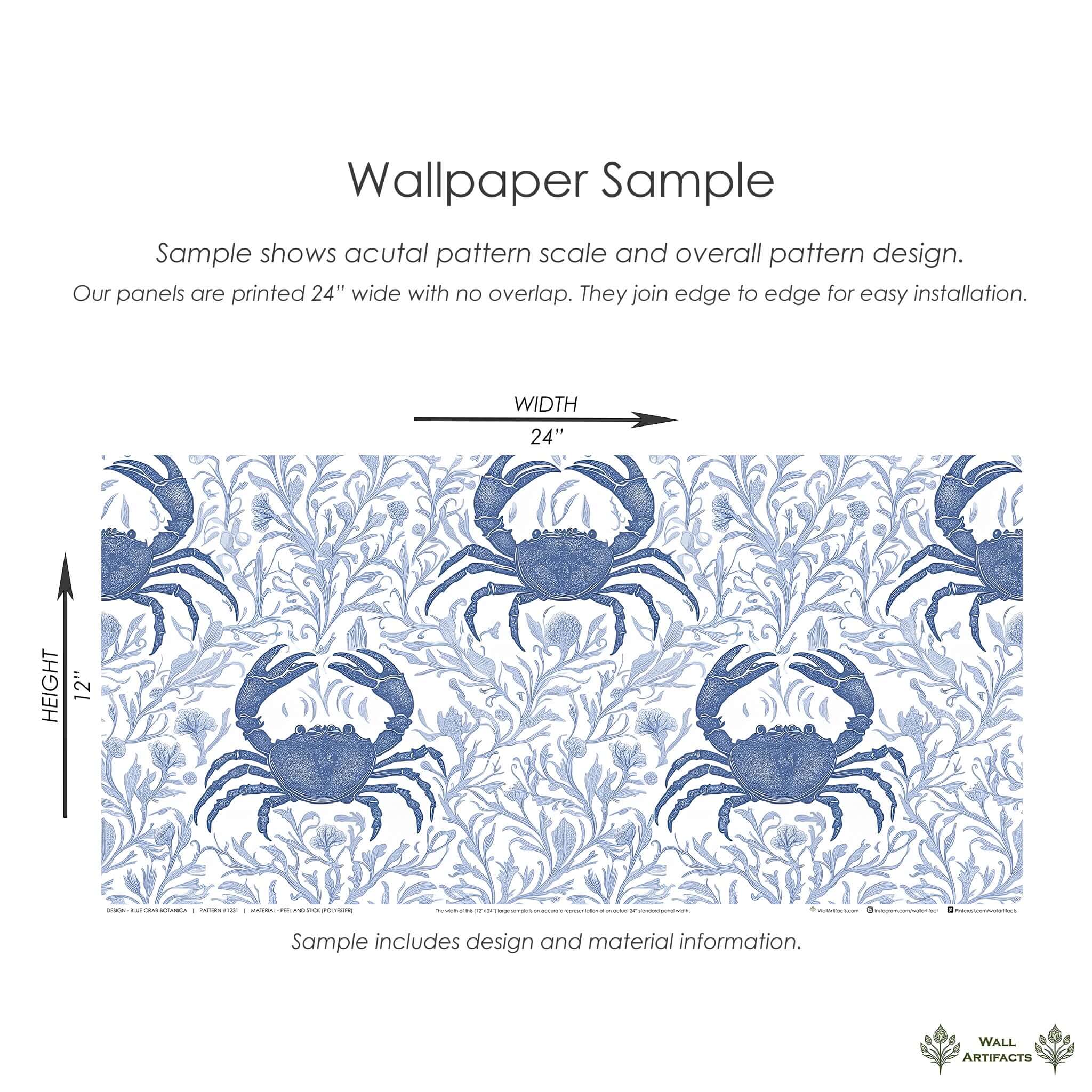 Blue Crab Botanica wallpaper sample showing coastal marine and botanical design with blue crabs and ocean flora.