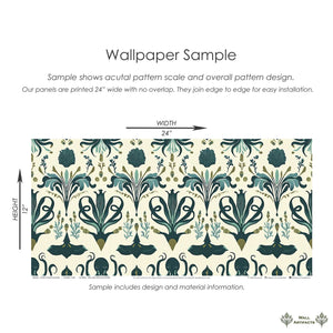 Sample of Mystic Ocean Damask wallpaper showcasing ocean-themed patterns with octopus, squid, and marine life in green and teal hues.