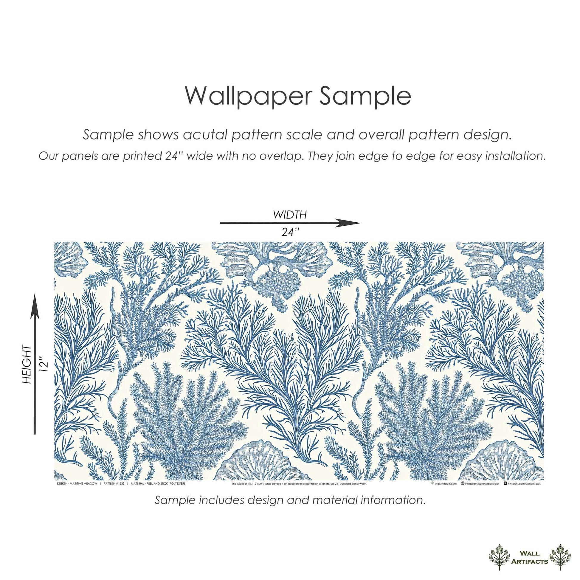 Sample of "Maritime Meadow" coastal wallpaper displaying marine plant design with coral motifs in blue on a creamy background.