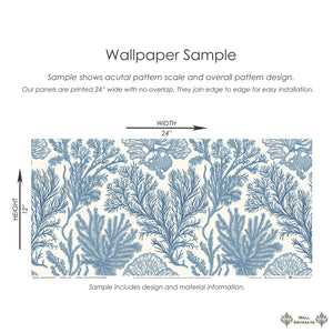 Sample of "Maritime Meadow" coastal wallpaper displaying marine plant design with coral motifs in blue on a creamy background.