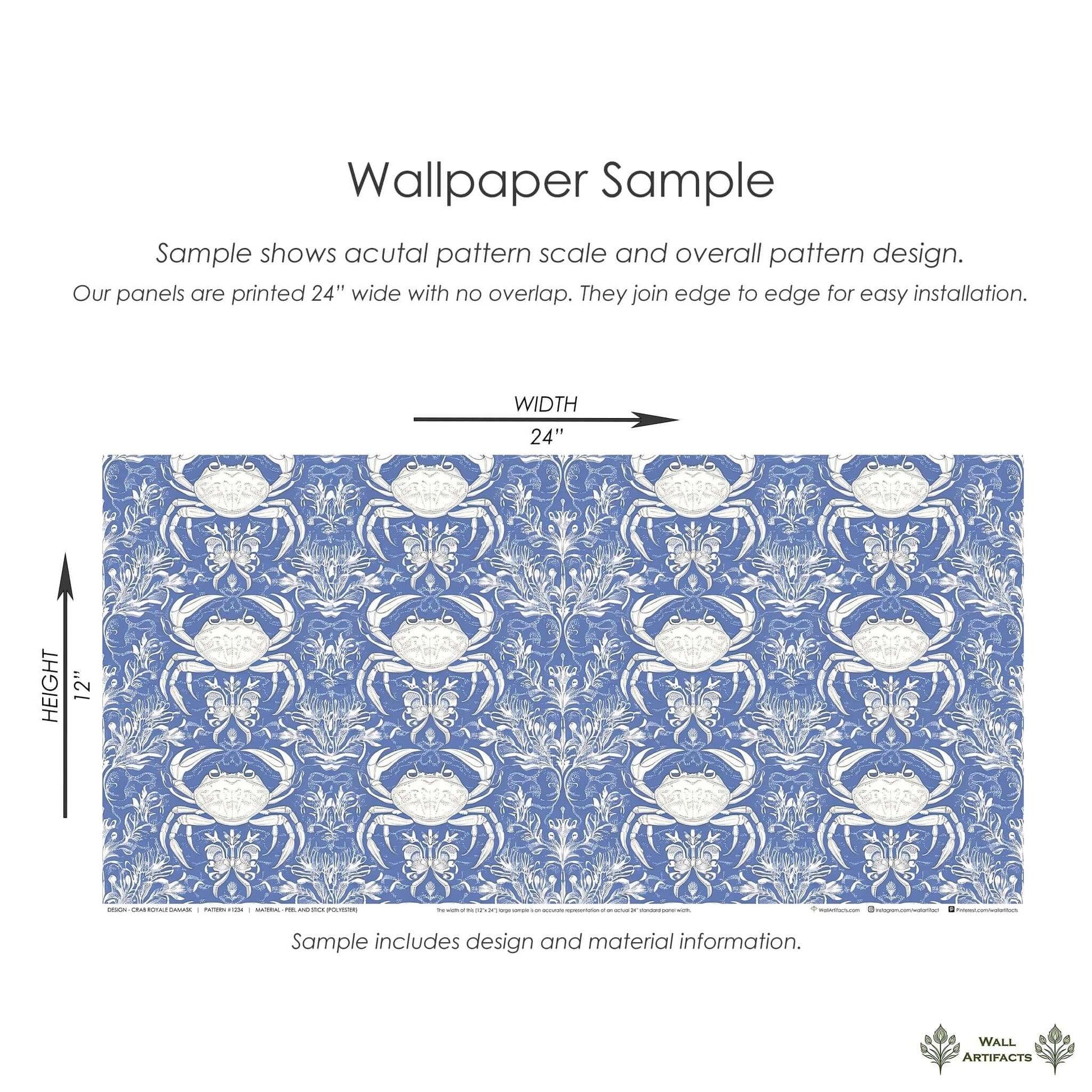Crab Royale Damask Wallpaper Sample showcasing white crabs, seaweed florals on periwinkle blue for coastal marine-themed decor.