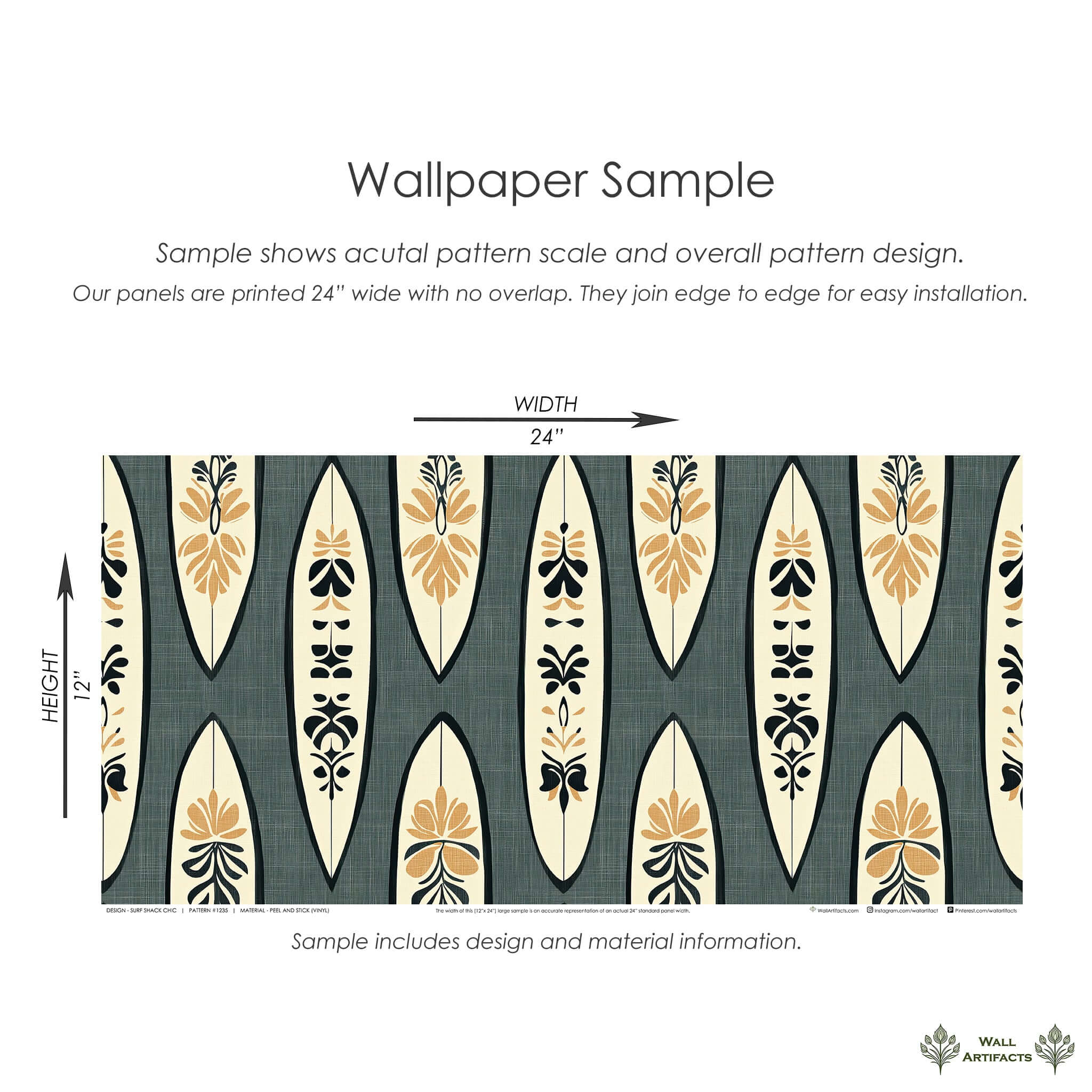 Surf Shack Chic wallpaper featuring vintage surfboards with botanical designs on charcoal background, ideal for coastal interiors.