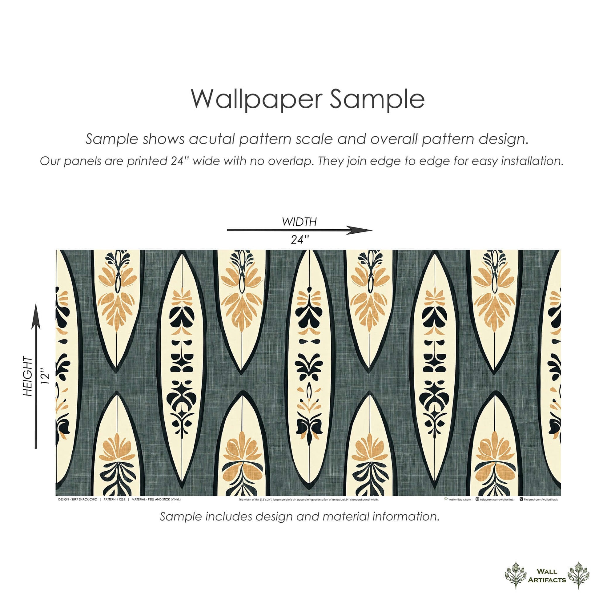 Surf Shack Chic wallpaper featuring vintage surfboards with botanical designs on charcoal background, ideal for coastal interiors.