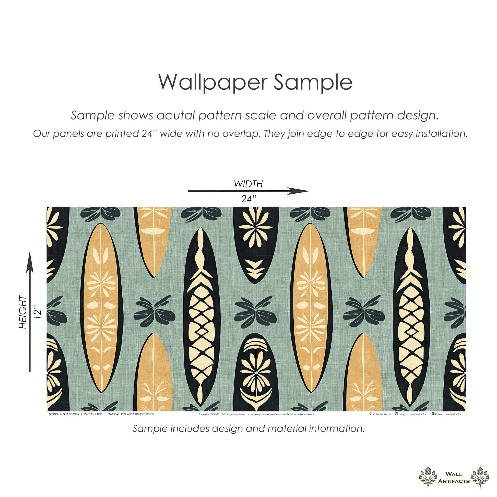 Aloha Boards mid-century modern wallpaper featuring surfboards with tropical motifs on a breezy coastal backdrop sample.