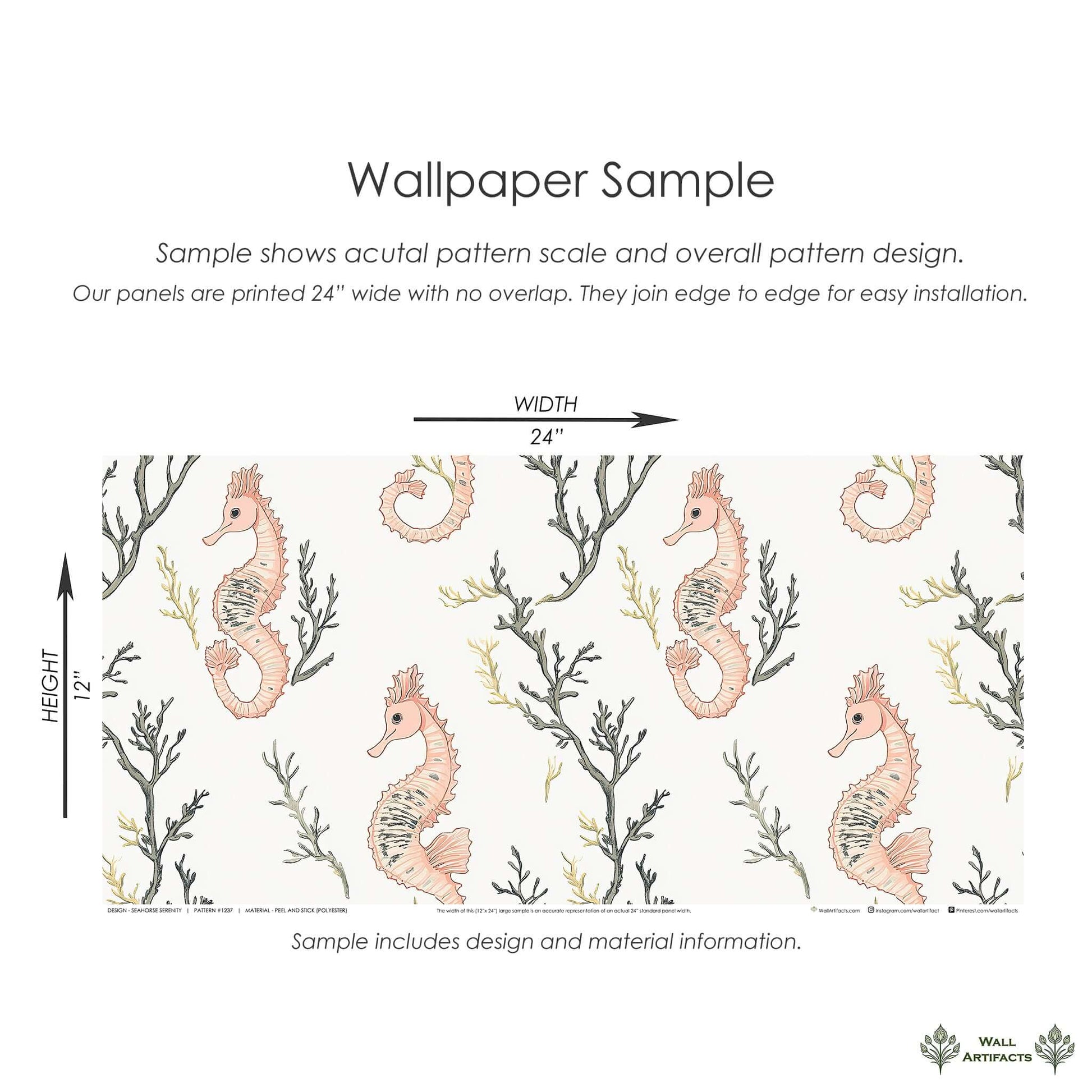 Seahorse Serenity wallpaper sample featuring peach seahorses and seaweed on a pale background, perfect for coastal interiors.
