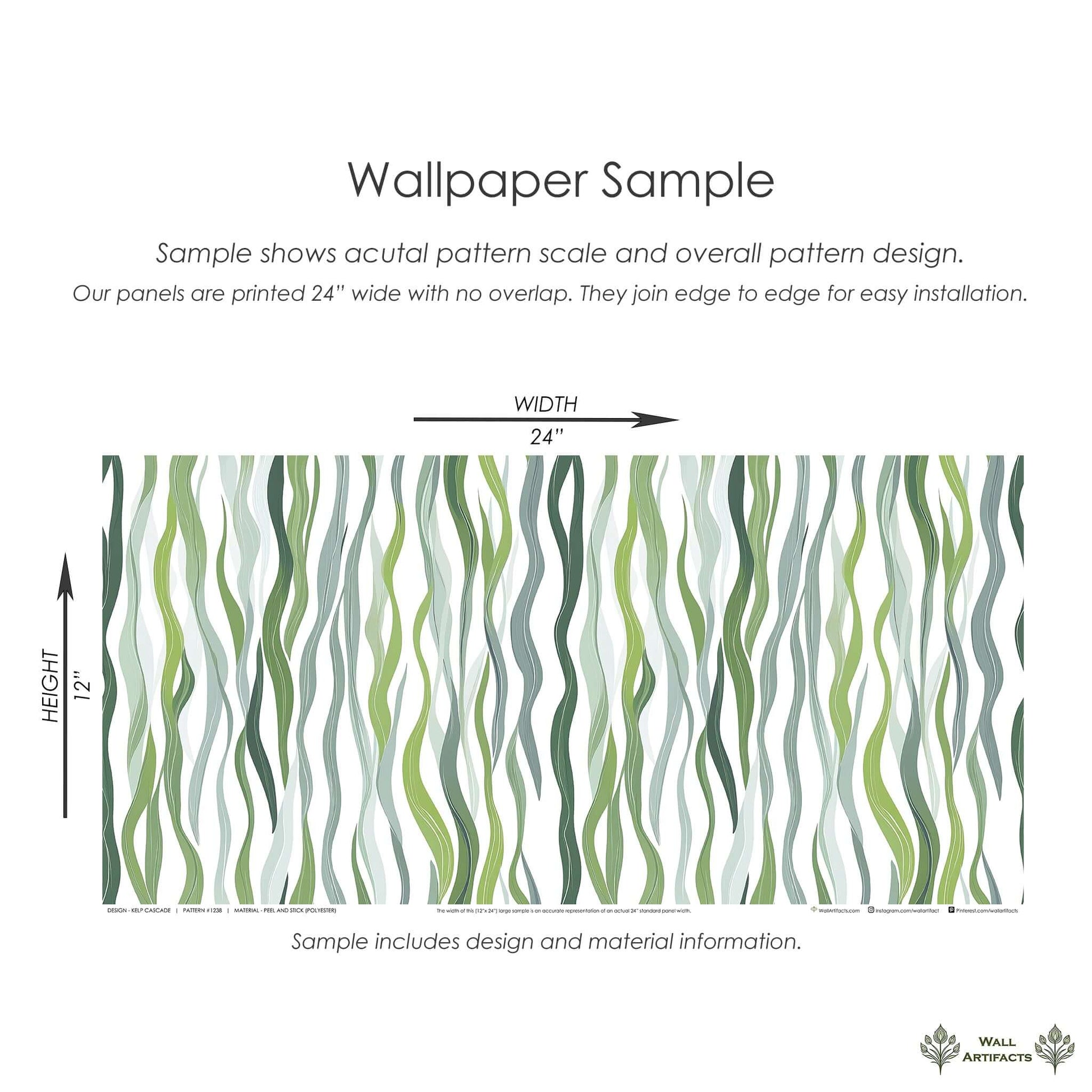 Kelp Cascade coastal wallpaper sample with green ocean-inspired vertical strands for marine-themed decor.