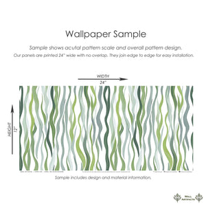 Kelp Cascade coastal wallpaper sample with green ocean-inspired vertical strands for marine-themed decor.
