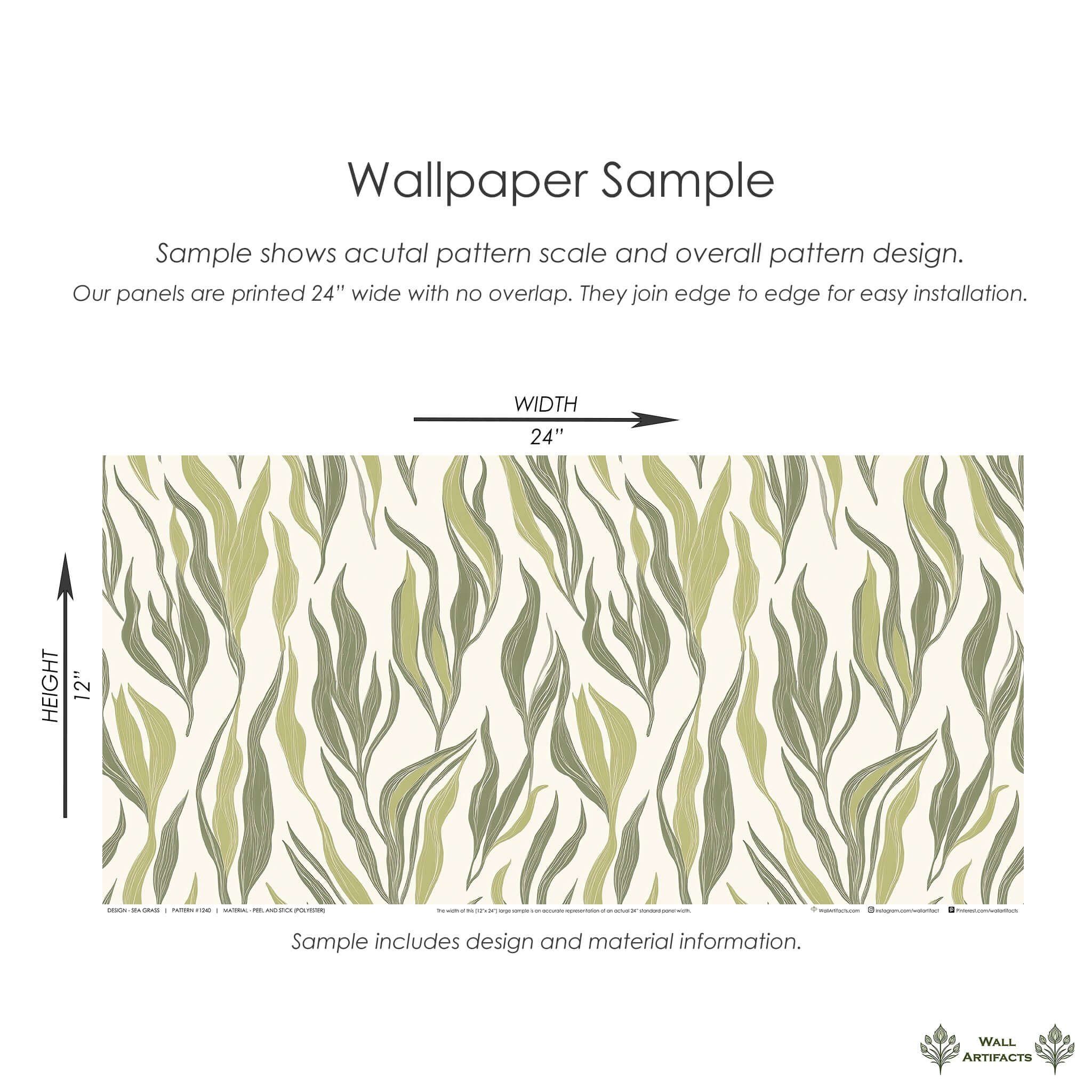 Abstract sea grass wallpaper sample showcasing coastal design with gentle green botanical blades and ocean-inspired style.