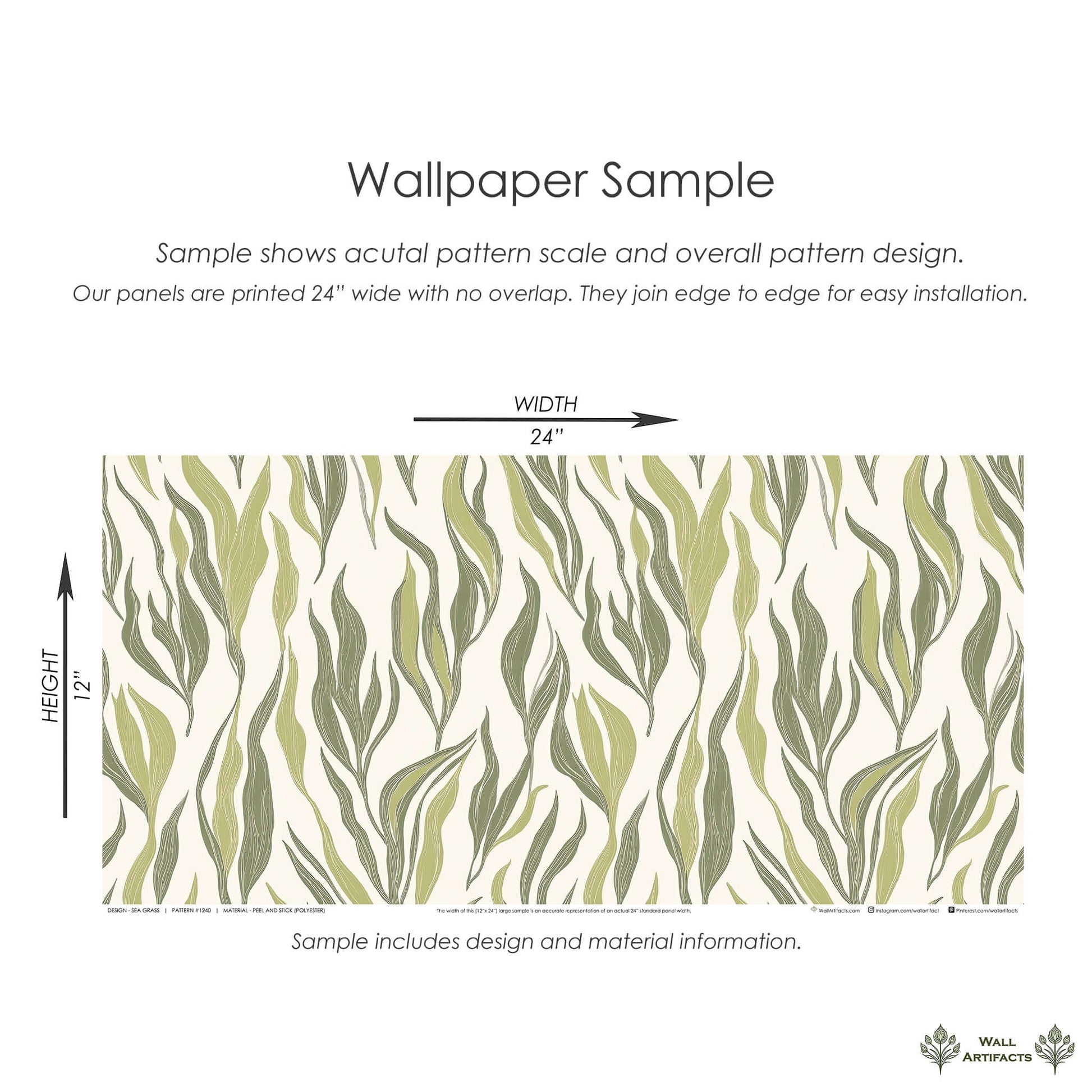 Abstract sea grass wallpaper sample showcasing coastal design with gentle green botanical blades and ocean-inspired style.