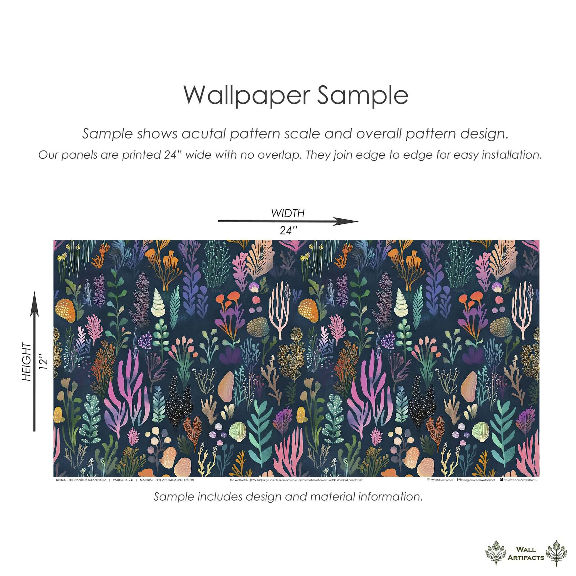 Enchanted Ocean Flora wallpaper sample featuring vibrant ocean flora and maritime designs on a navy background. Coastal wallpaper.