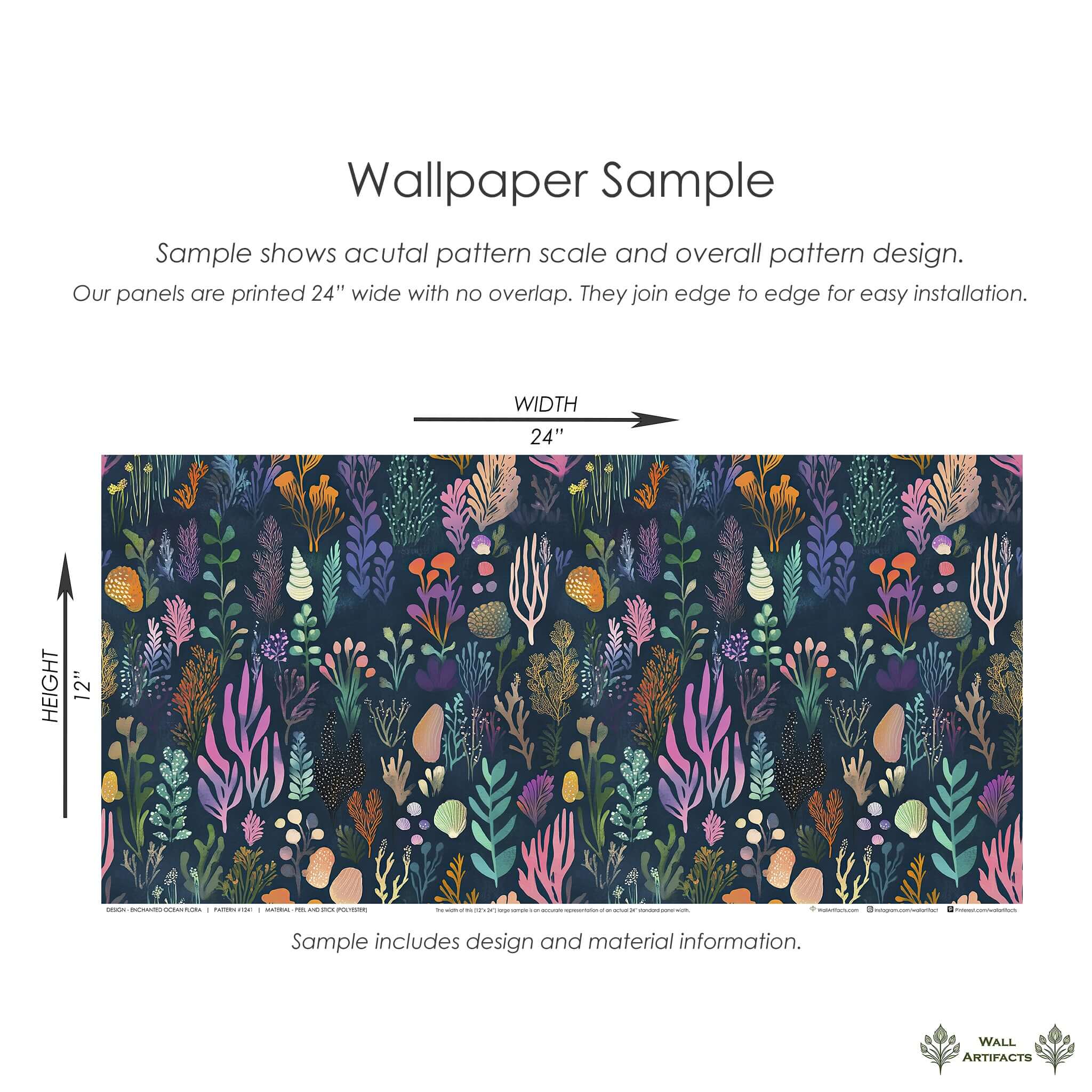 Enchanted Ocean Flora wallpaper sample featuring vibrant ocean flora and maritime designs on a navy background. Coastal wallpaper.