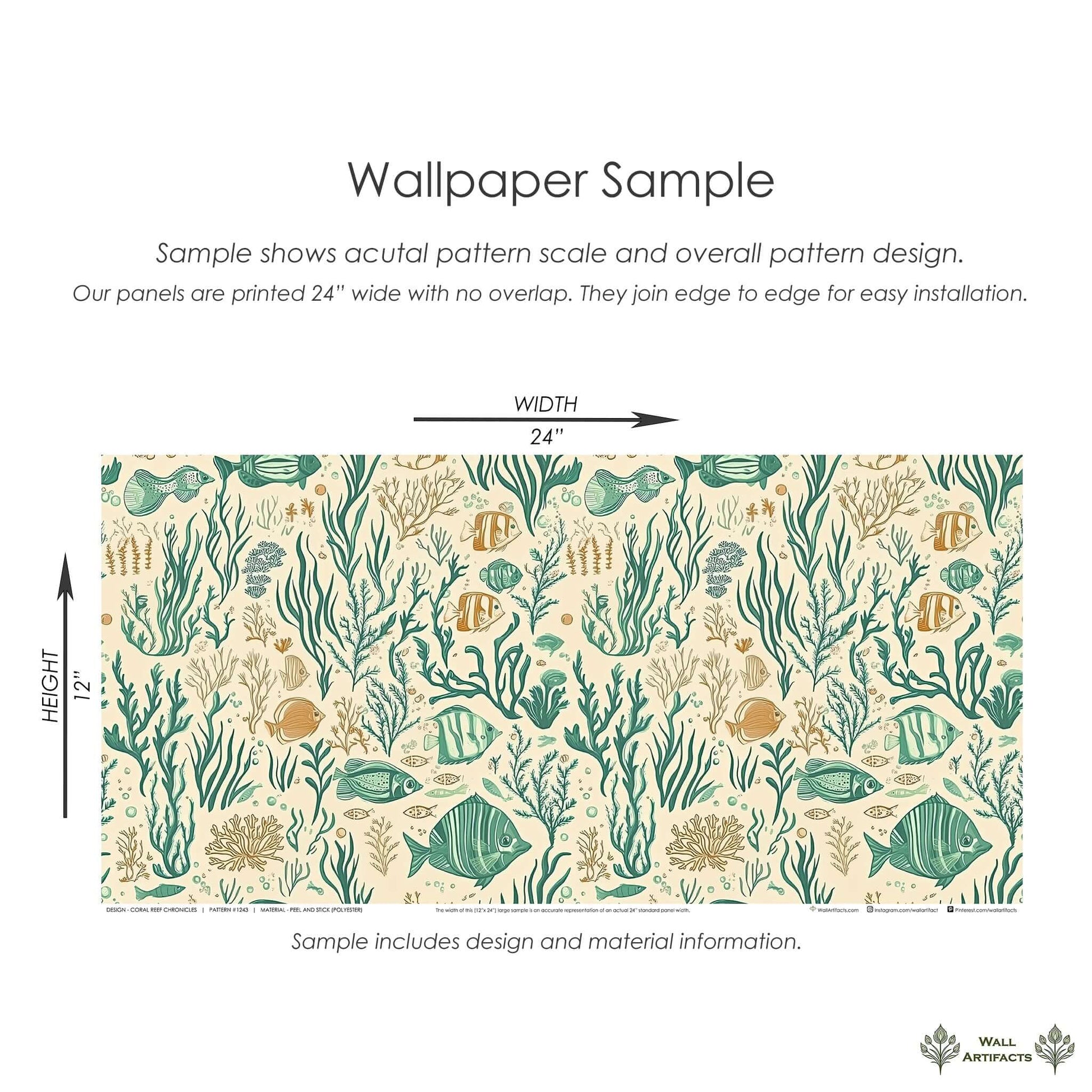 "Coral Reef Chronicles wallpaper sample with fish, coral, and seaweed in teal and sandy colors for mid-century-modern coastal decor."