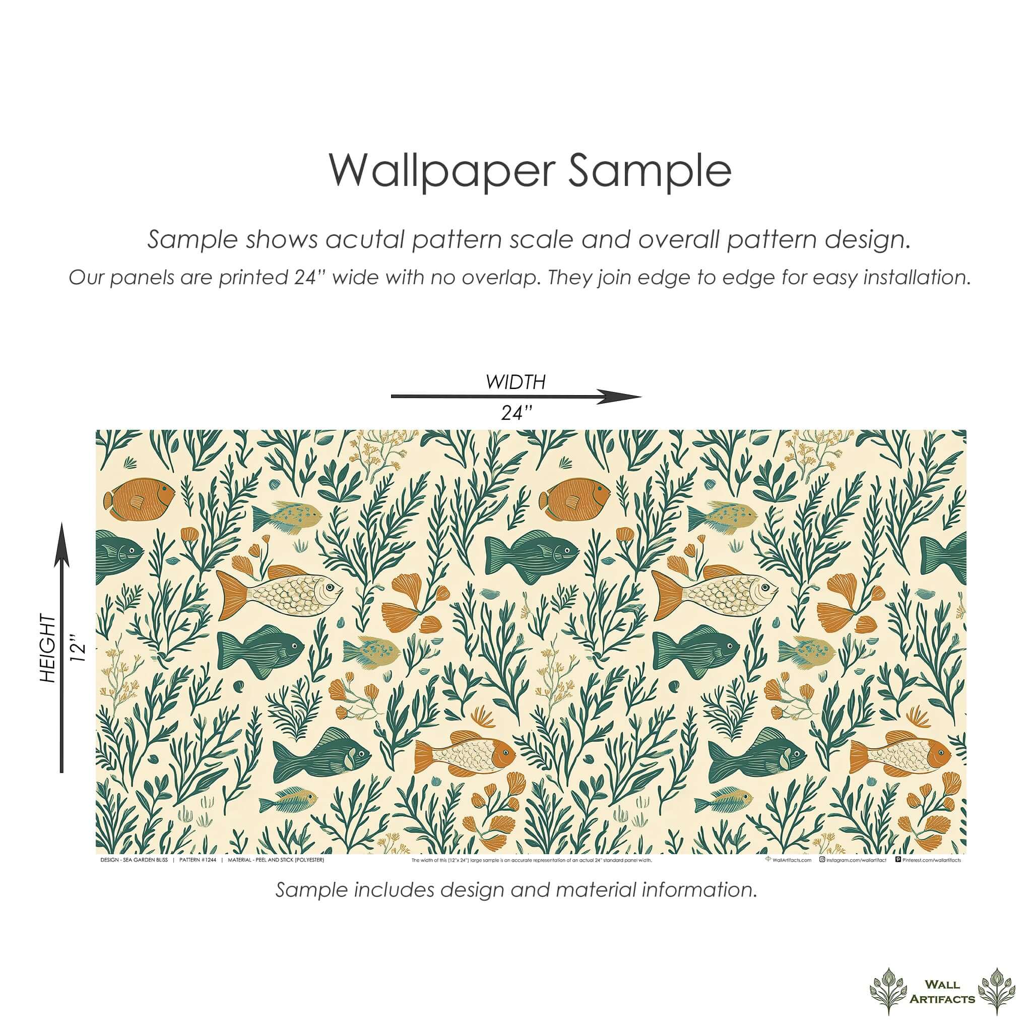 Sea Garden Bliss wallpaper sample with fish, coral, and seaweed in mid-century modern coastal design.