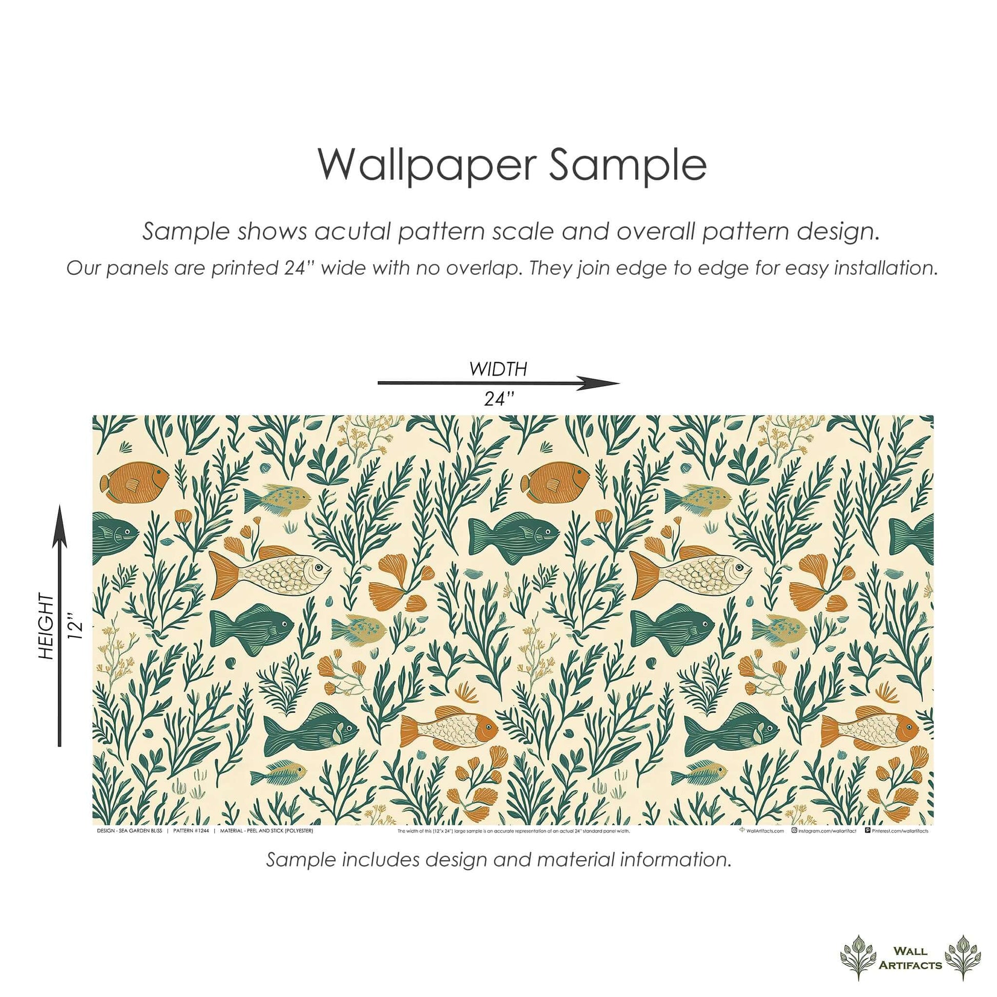 Sea Garden Bliss wallpaper sample with fish, coral, and seaweed in mid-century modern coastal design.