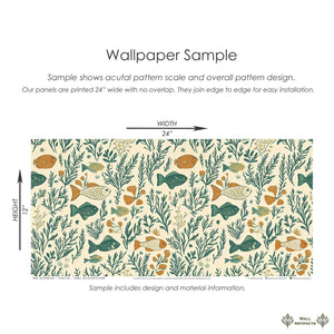 Sea Garden Bliss wallpaper sample with fish, coral, and seaweed in mid-century modern coastal design.