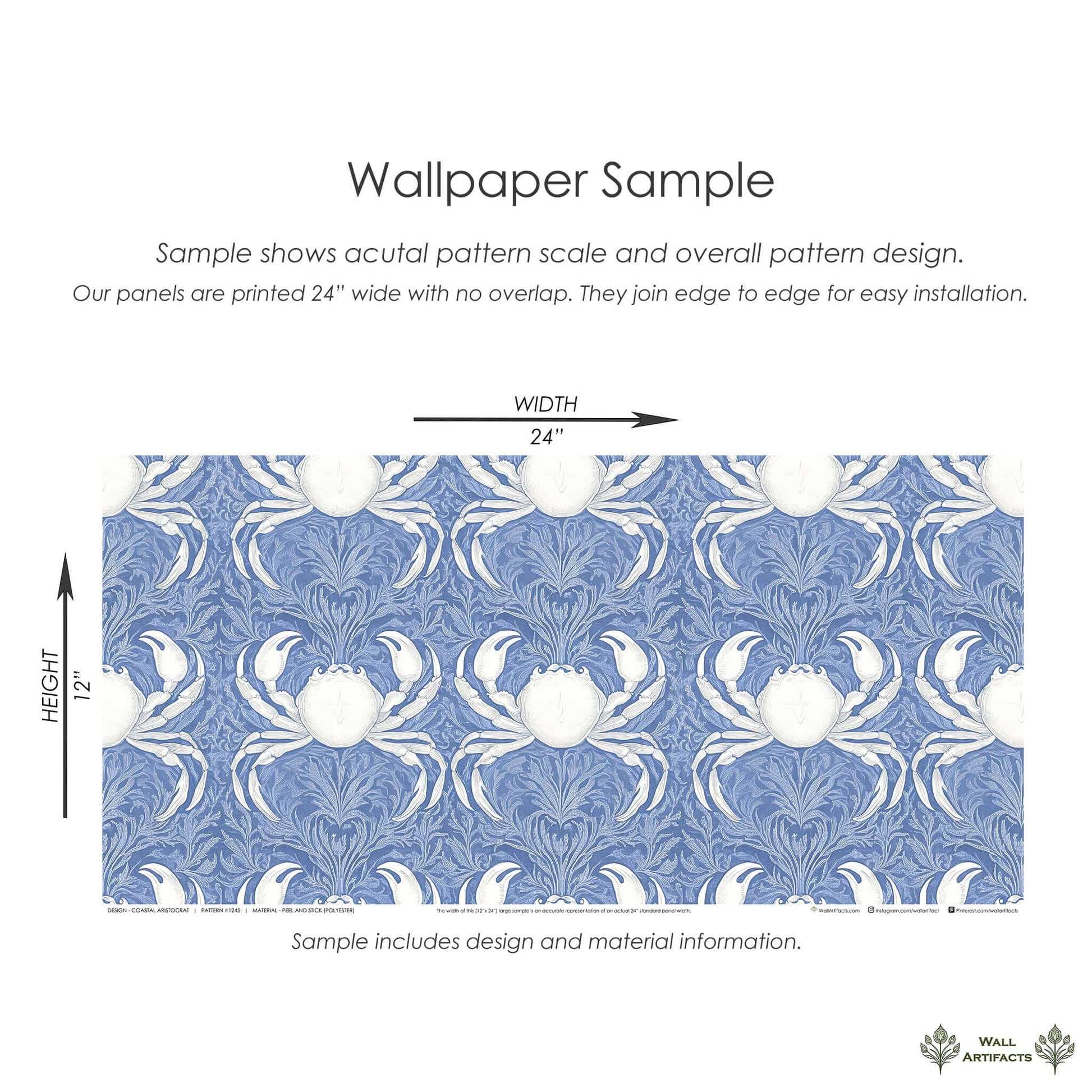 Coastal Aristocrat Wallpaper with white crabs and sea foliage on blue, offering maritime damask elegance for coastal interiors.