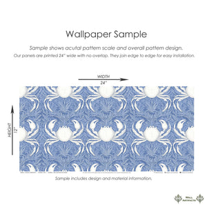 Coastal Aristocrat Wallpaper with white crabs and sea foliage on blue, offering maritime damask elegance for coastal interiors.