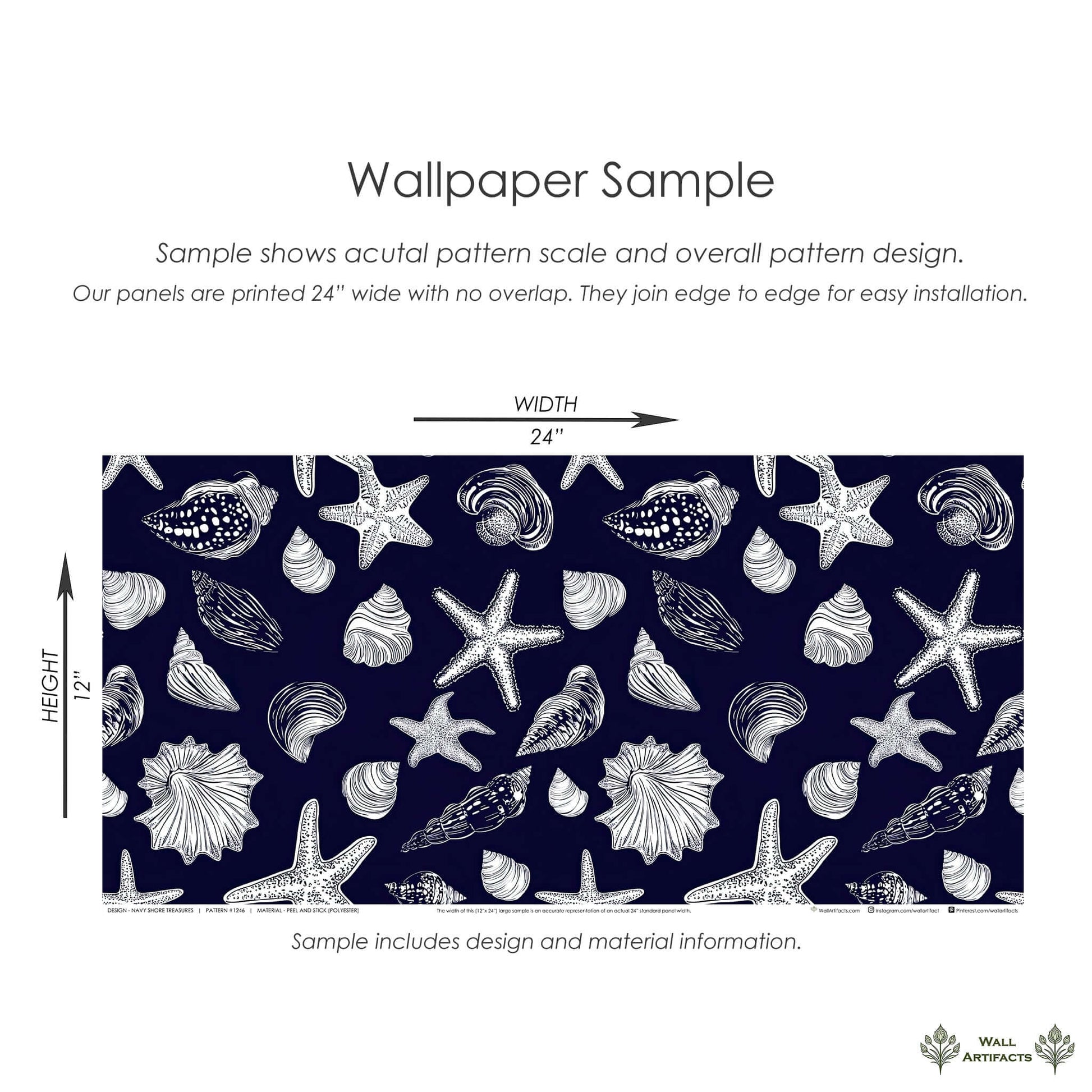 Navy wallpaper sample featuring hand-drawn starfish and seashells in white on a deep navy background, ideal for coastal-themed decor.