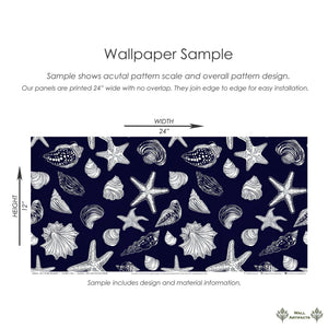 Navy wallpaper sample featuring hand-drawn starfish and seashells in white on a deep navy background, ideal for coastal-themed decor.