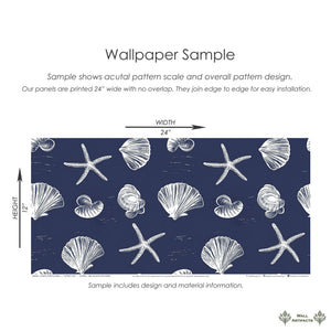 Coastal Inked Classics wallpaper with starfish and seashells on navy background, ideal for beach-themed decor and nautical spaces.