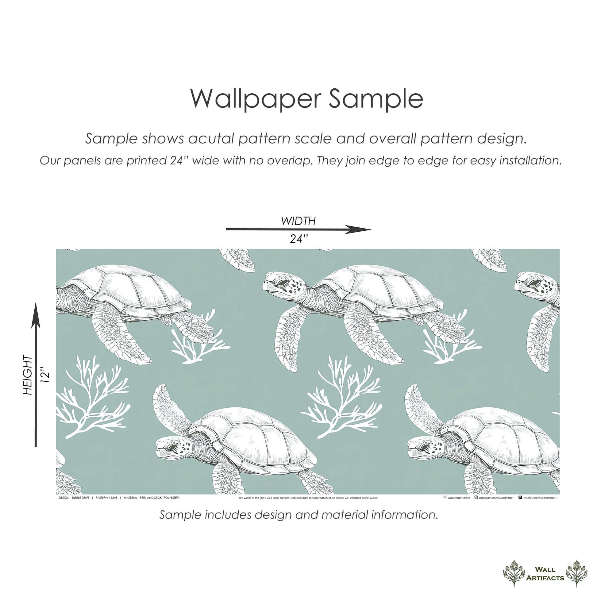 Turtle Drift coastal wallpaper with white turtles and coral on a sage green ocean backdrop.