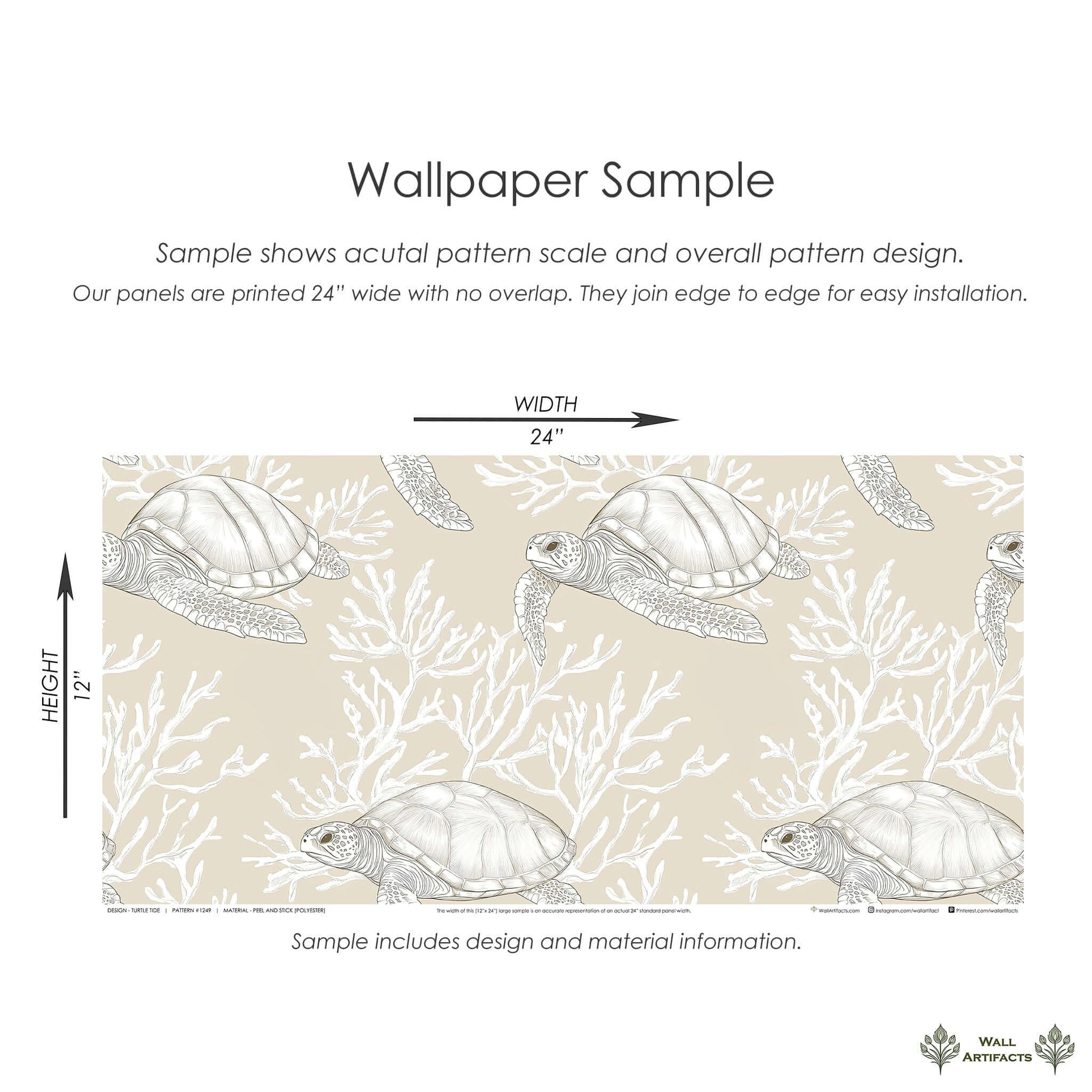 Turtle Tide coastal wallpaper sample with turtles, coral, and seaweed on a sand-colored background. Ideal for beach house decor.