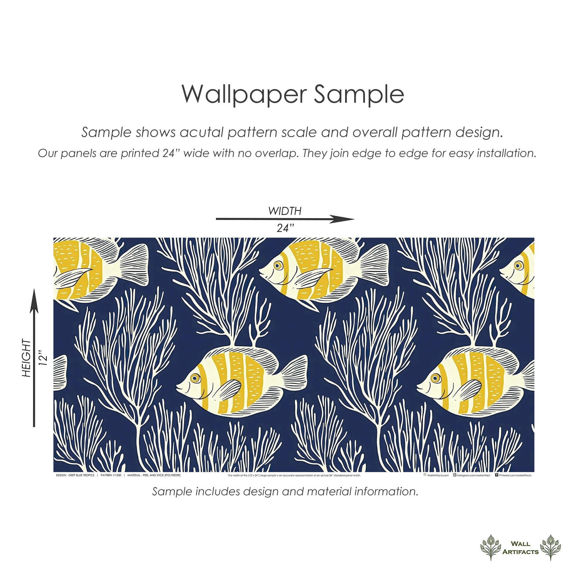 "Deep Blue Tropics wallpaper design with golden-yellow fish and white coral on navy background, featuring ocean and coastal vibes."