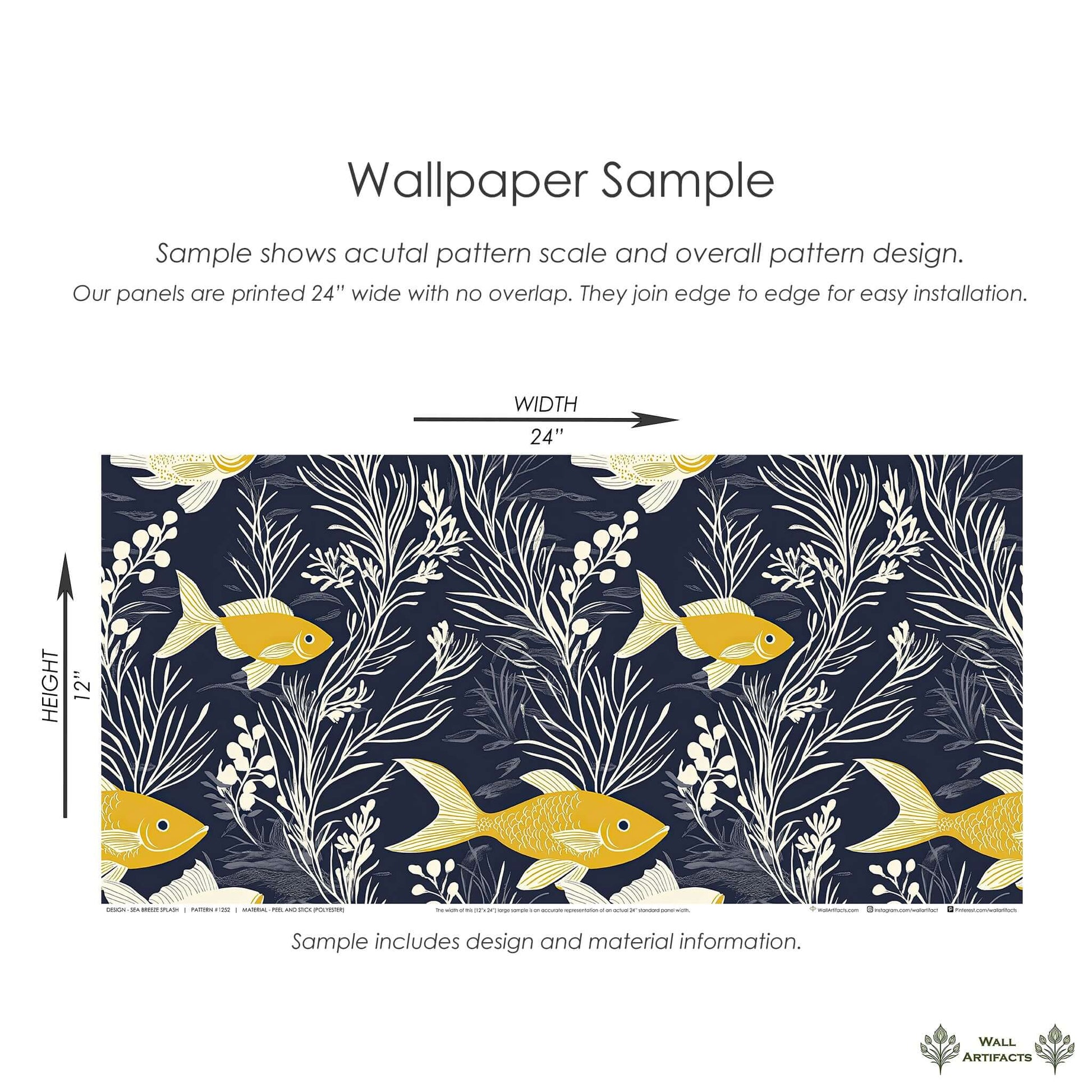 "Sea Breeze Splash" wallpaper with golden fish and seaweed on a navy background, perfect for coastal interiors and ocean-themed decor.